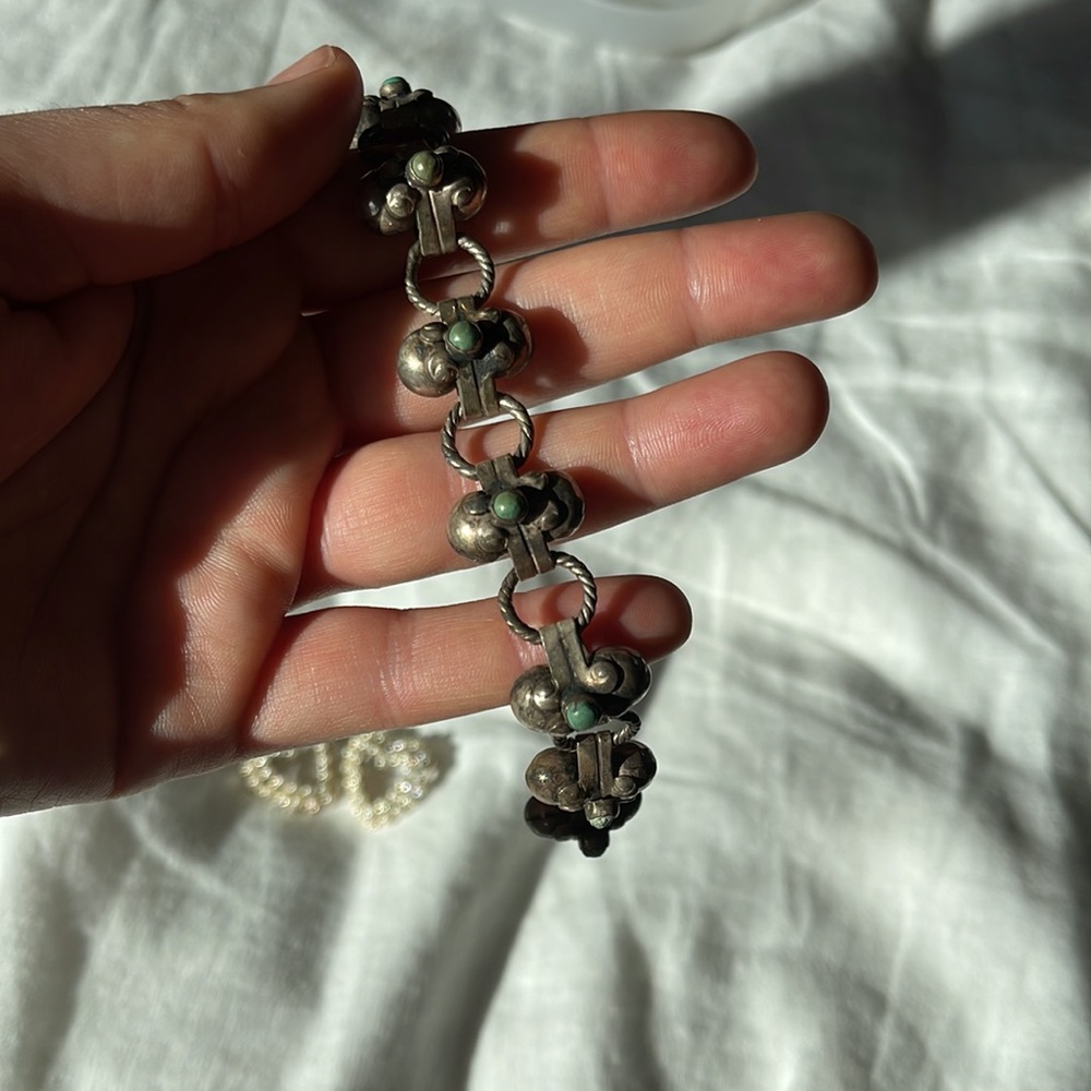 vintage Taxco Turquoise Chain Bracelet Mexico stackable sterling silver 925